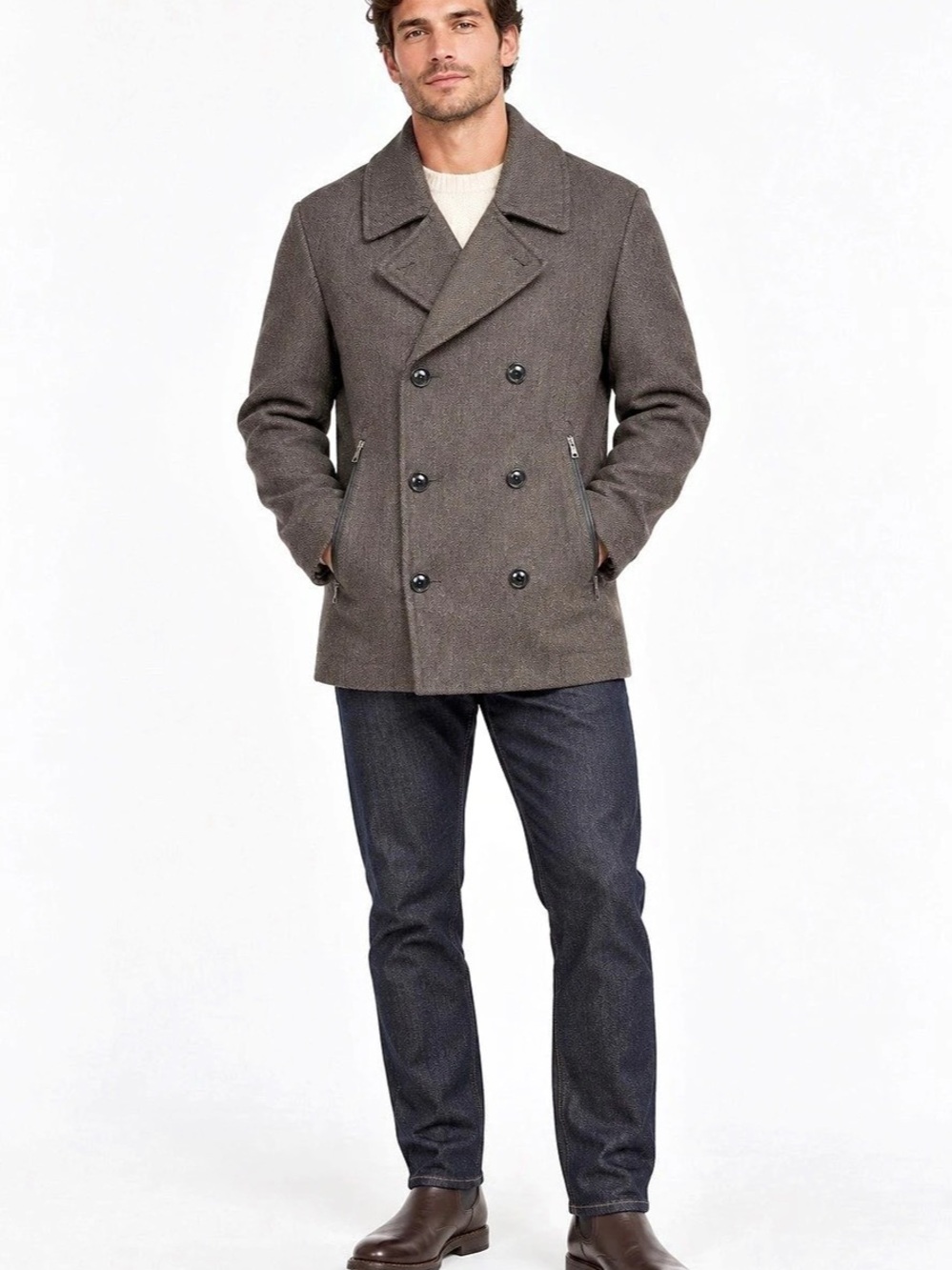 M&S Limited Edition Men’s Brown Herringbone Wool Blend Peacoat – Medium